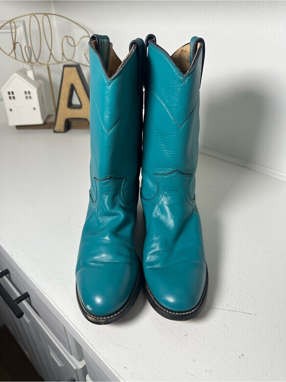 Vintage Justin Boots Womens 6B Turquoise Blue Cowboy USA Made Western Cowgirl - Picture 2 of 10